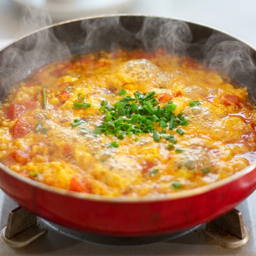 Cebolletas verdes picadas frescas esparcidas sobre la mezcla de sopa burbujeante en la sartén.