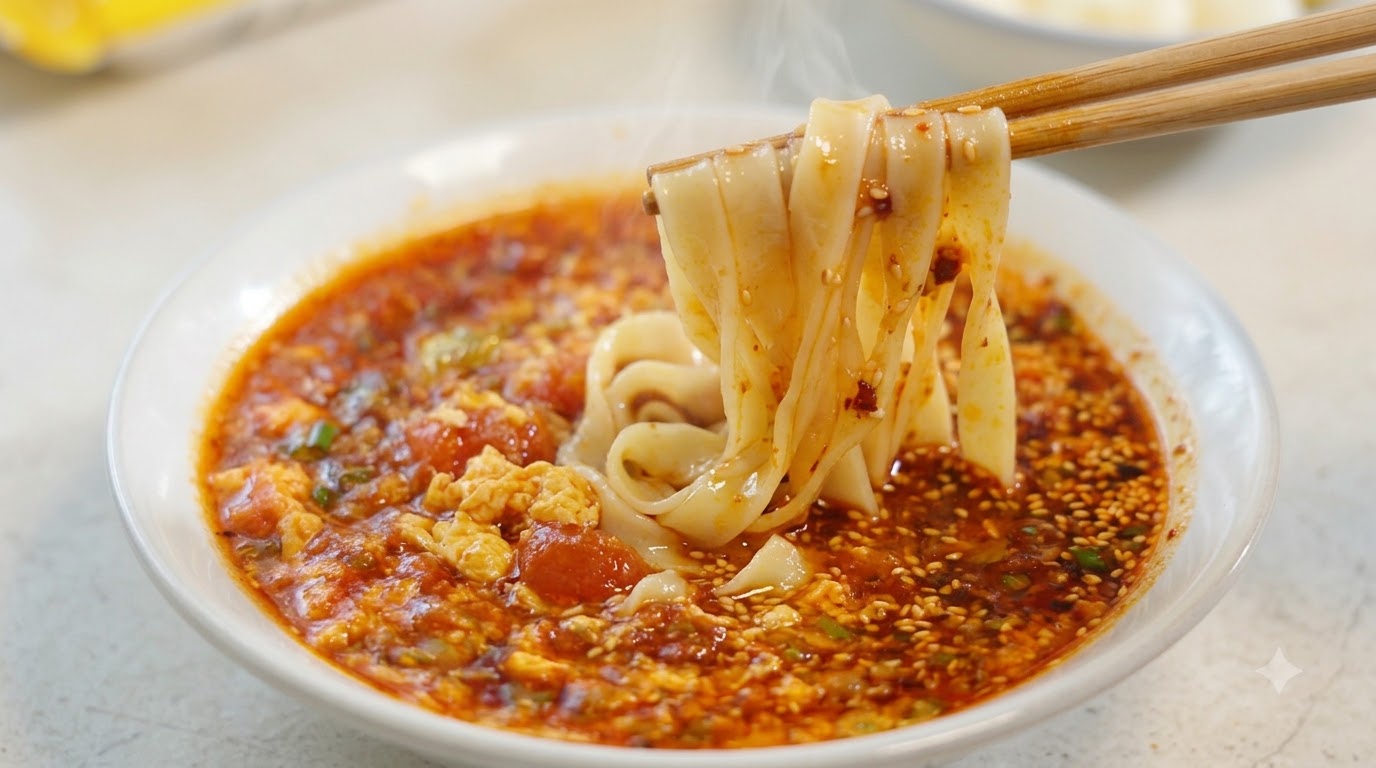 Un plano cercano de fideos anchos siendo levantados con palillos sobre un vibrante bol de rica salsa de tomate y huevo para mojar, cubierta con aceite de chile y semillas de sésamo.