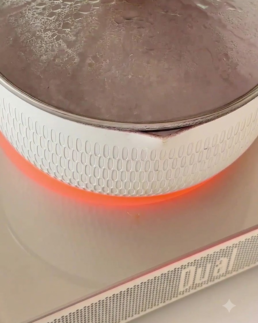 Fideos secos cocinándose dentro de una olla tapada con agua hirviendo sobre una placa de cocina encendida.