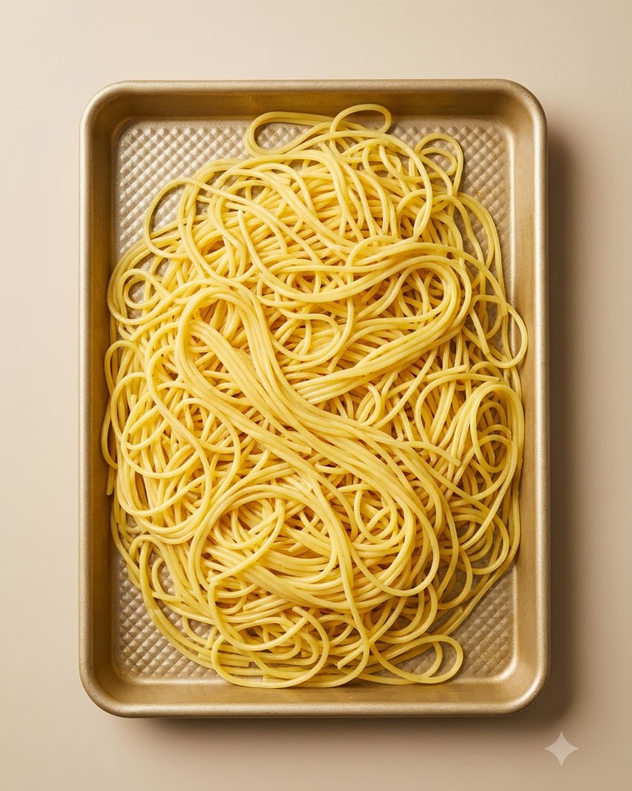 Fideos tipo espagueti cocidos extendidos en una bandeja de horno dorada después de ser escurridos.
