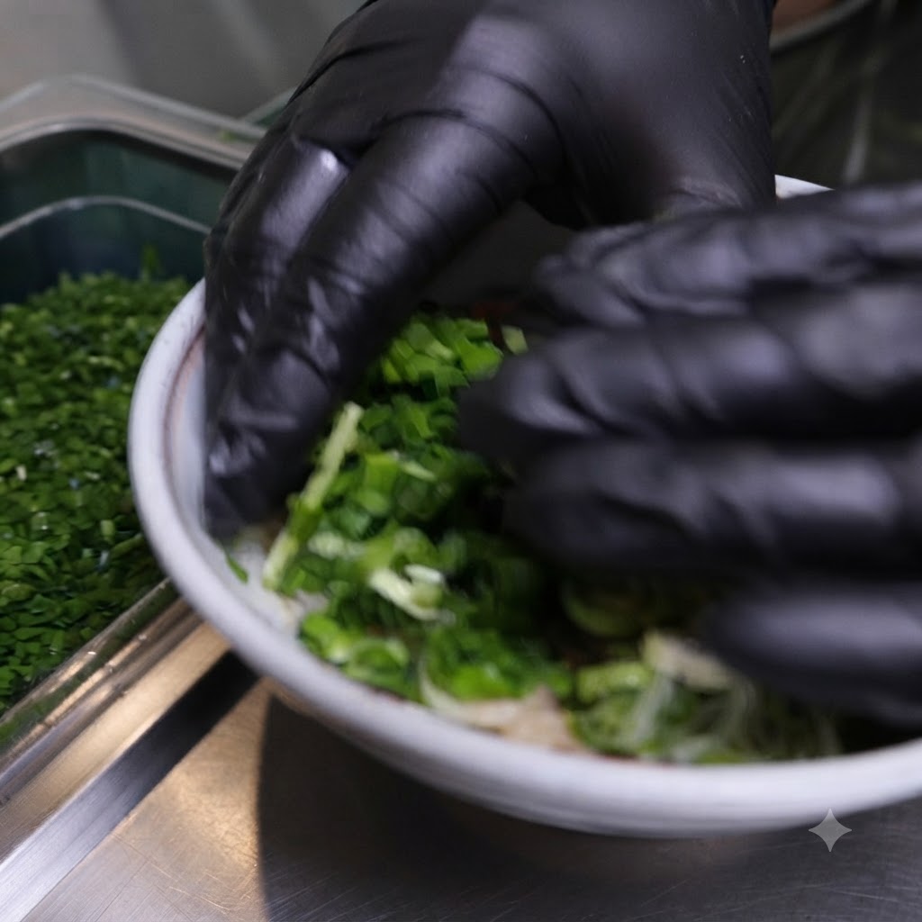 Manos enguantadas arreglando trozos de algas oscuras en el tazón de fideos y cebollas verdes.