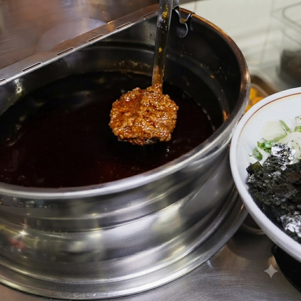 Un cucharón con una gran porción de salsa de carne picada suspendido sobre una olla, al lado de un tazón de fideos.