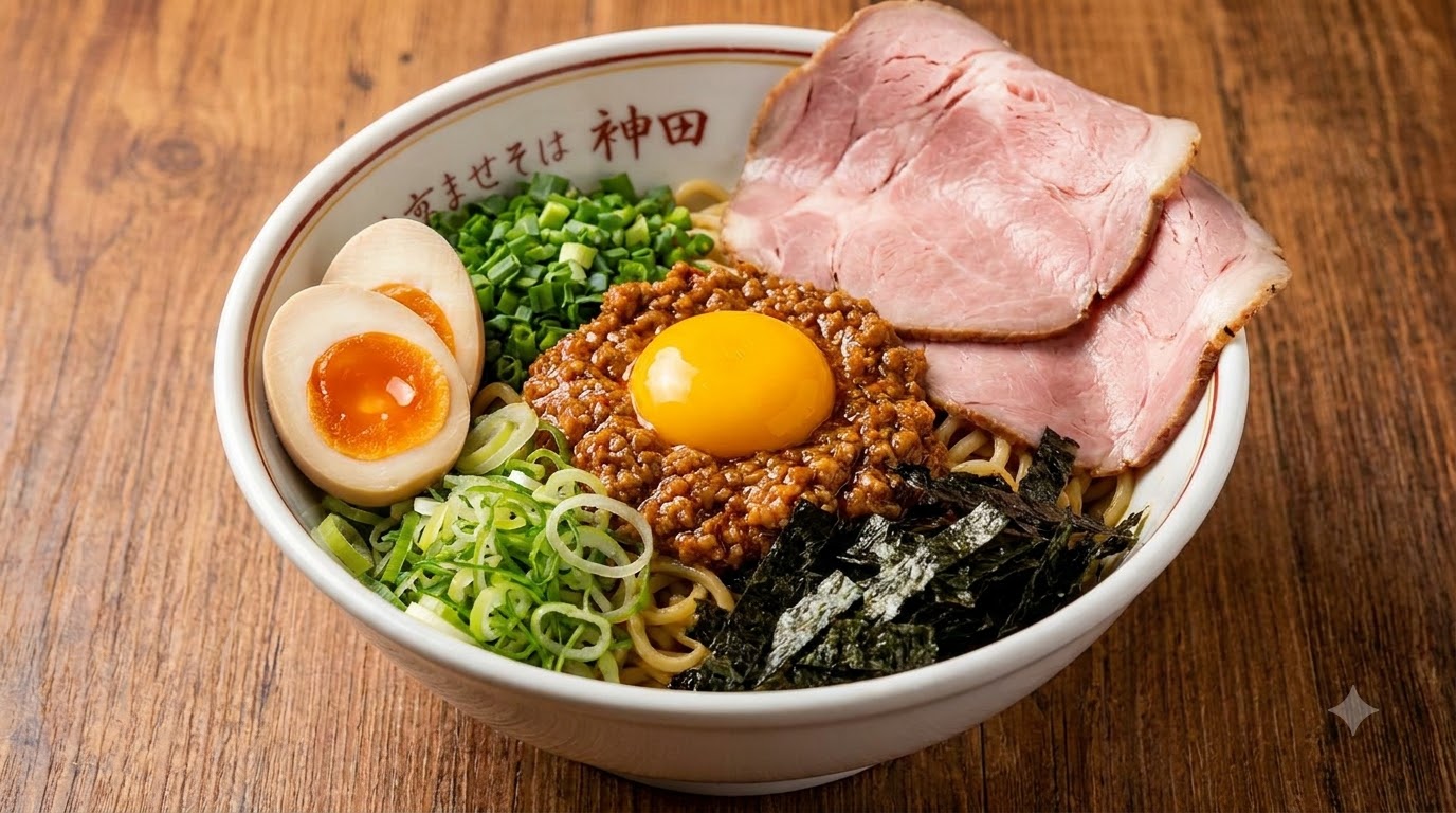 Ramen seco estilo japonés con mezcla (Mazesoba)