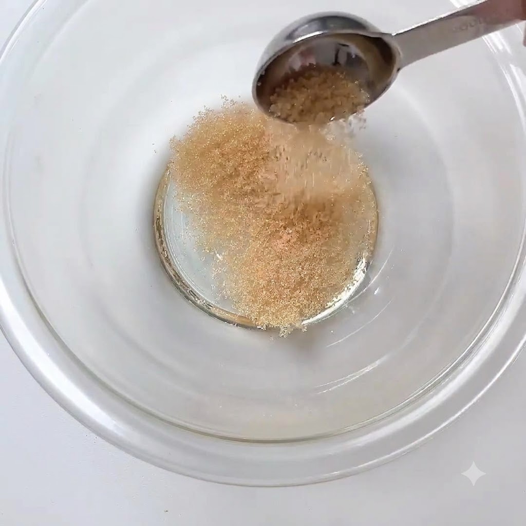 Una cucharada de semillas de sésamo blanco molidas siendo añadida al bol de mezcla.