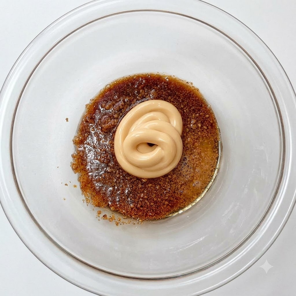 Gochujang siendo añadido a la mezcla de salsa en el bol.