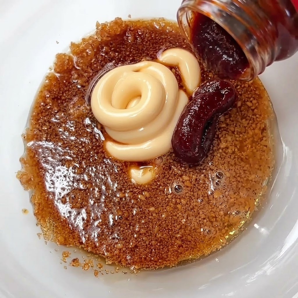 Pasta de mayonesa y gochujang sobre la mezcla de azúcar y salsa dentro de un bol de cristal.