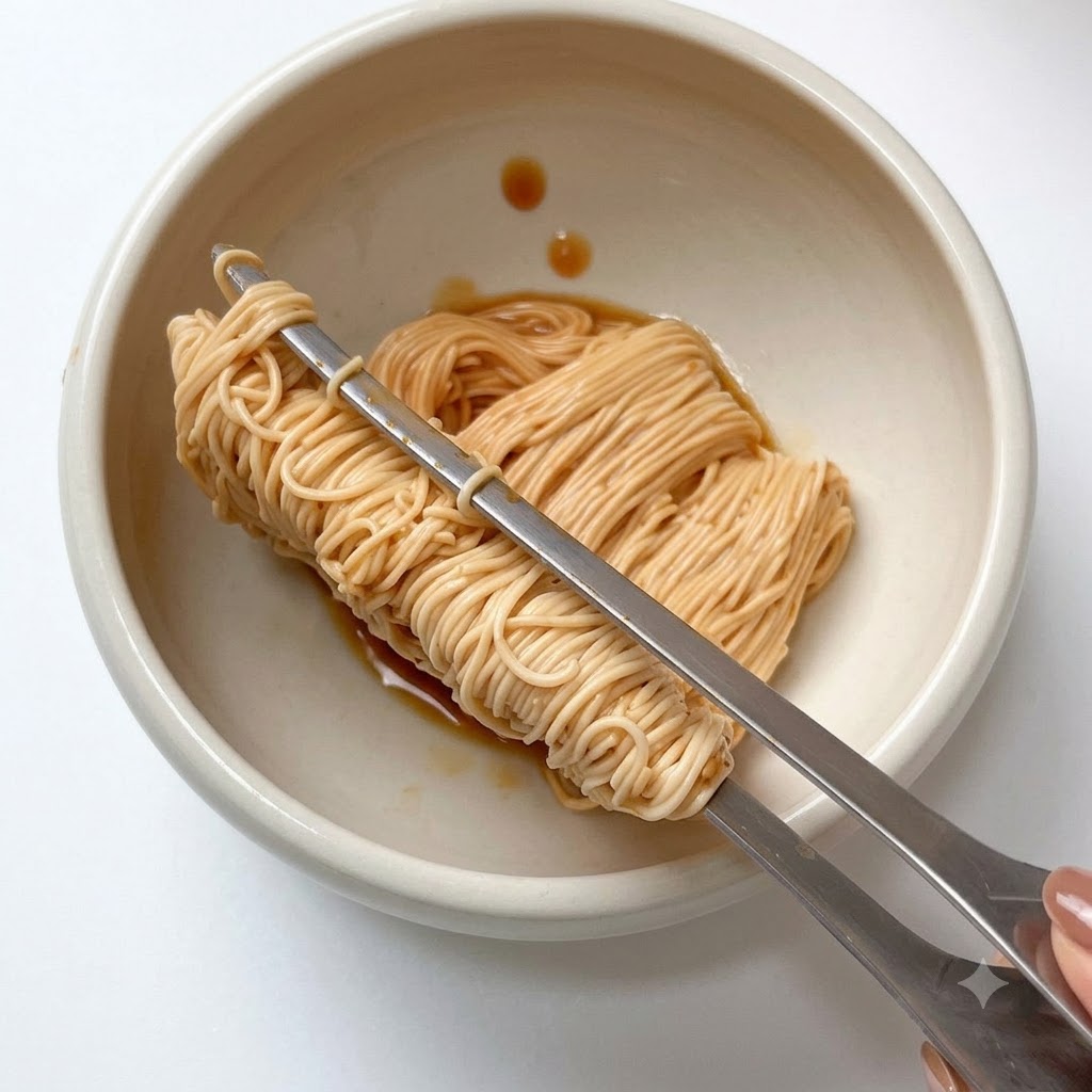 Una porción de fideos aderezados sostenida con pinzas de metal sobre un bol de servicio de cerámica blanca.