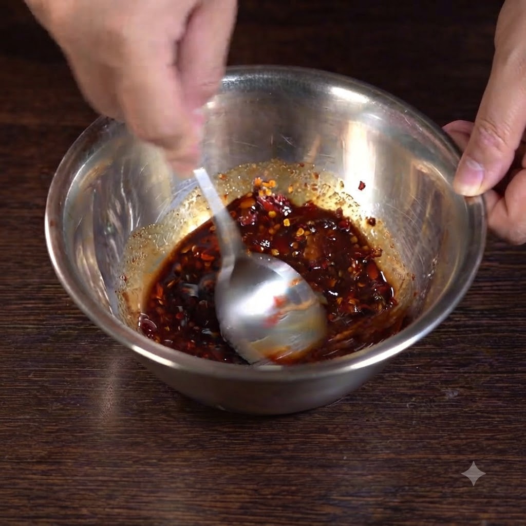 Una cuchara mezclando los ingredientes de la salsa dentro de un bol de acero inoxidable.