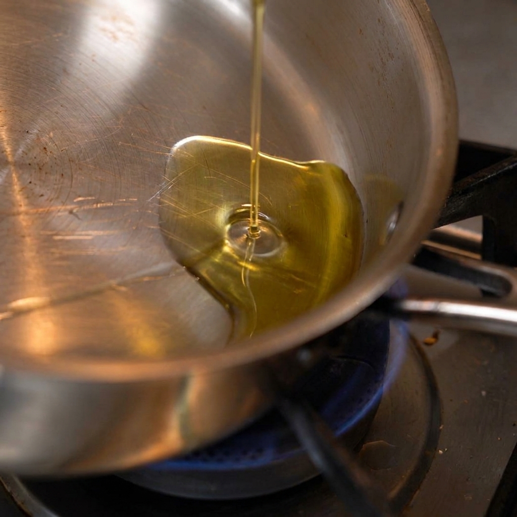 Ajo friéndose en aceite caliente en una sartén de acero inoxidable.