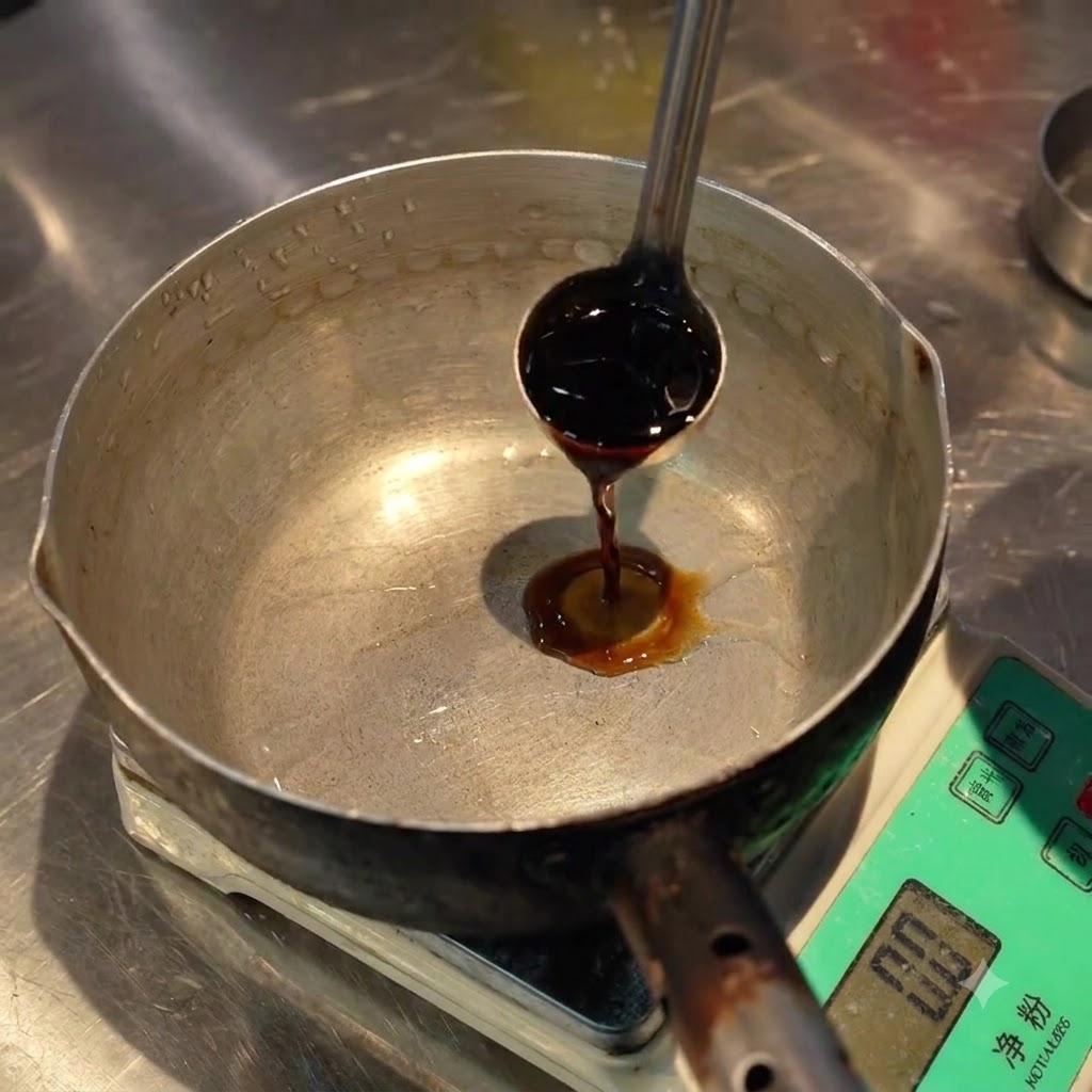 Salsa de soja siendo vertida en una pequeña olla metálica apoyada sobre una balanza de cocina.