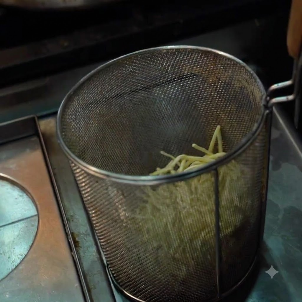 Fideos dispuestos dentro de una cesta colador de metal listos para ser calentados.