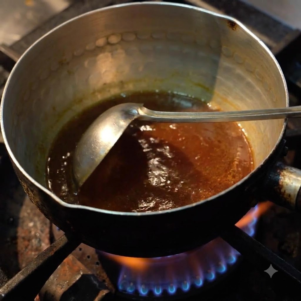 Jugo de sopa siendo servido con un cucharón en un tazón de cerámica.