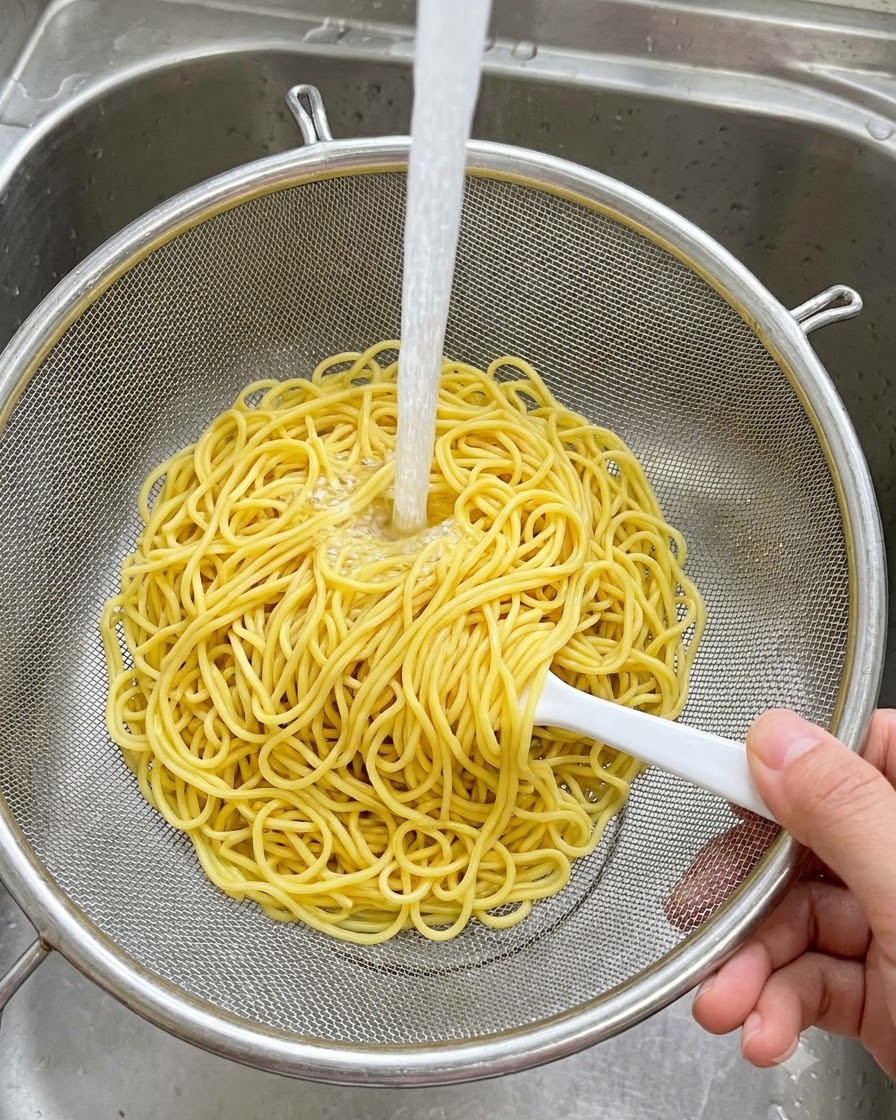 Fideos cocidos siendo enjuagados bajo agua corriente en una cesta colador de metal.