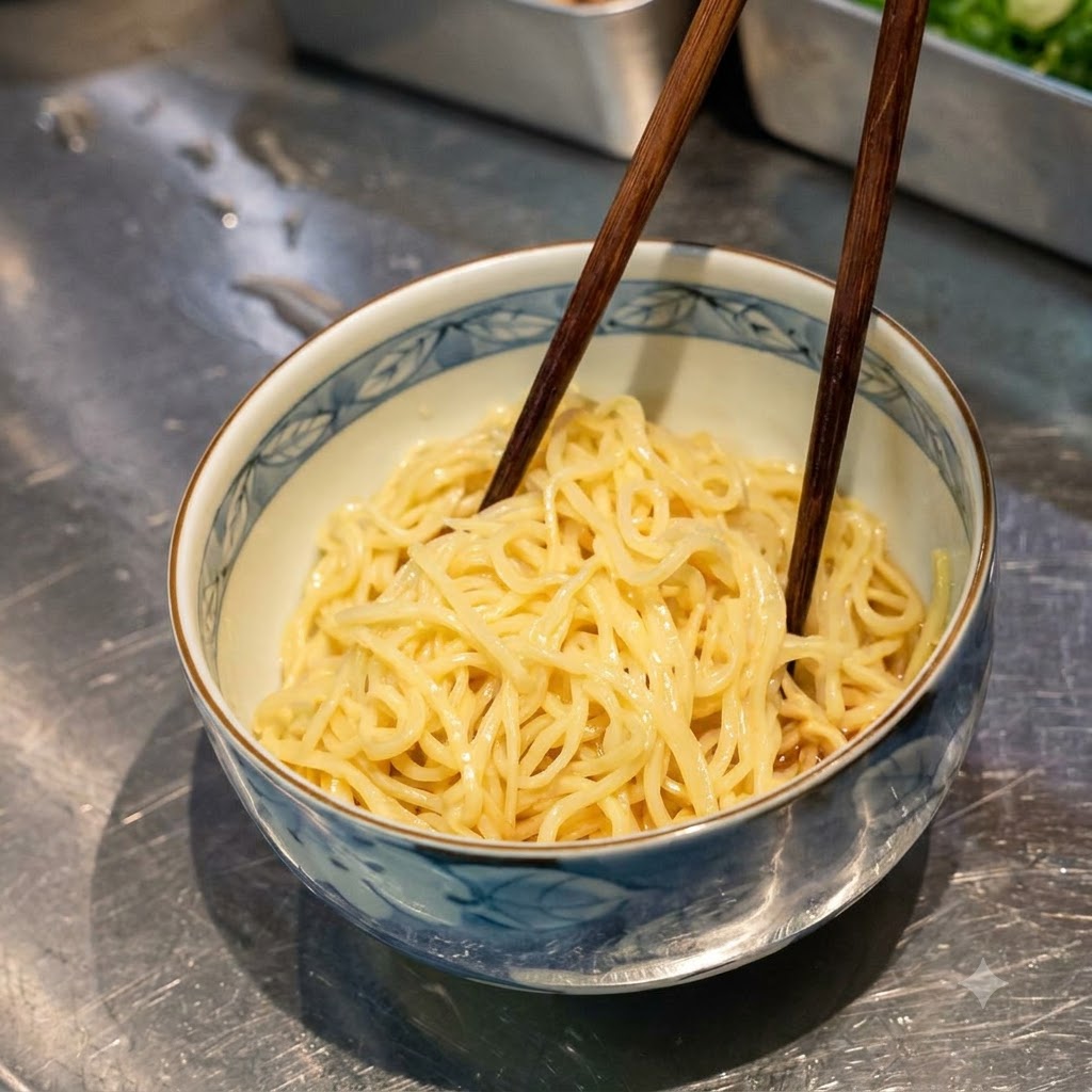 Palillos mezclando fideos con salsa dentro de un tazón de cerámica estampado.