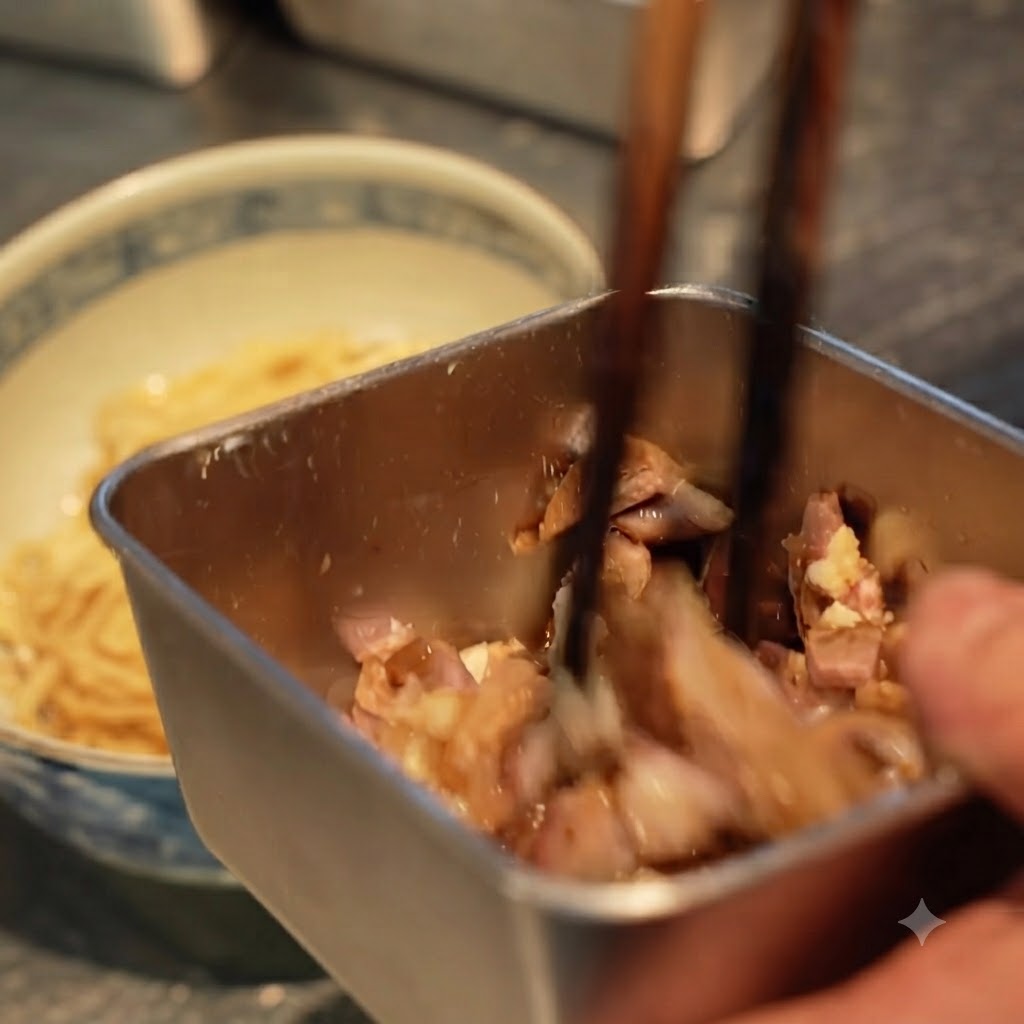 Palillos añadiendo carne chashu en dados sobre los fideos en un tazón de servicio.