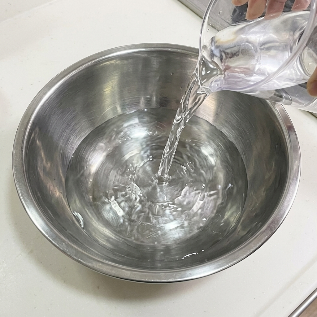 Agua siendo vertida desde un recipiente medidor transparente hacia un bol de mezcla de acero inoxidable.