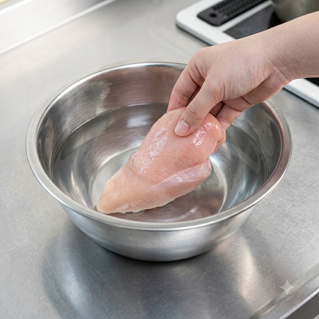 Una mano bajando suavemente un trozo de pechuga de pollo cruda en un bol con agua.
