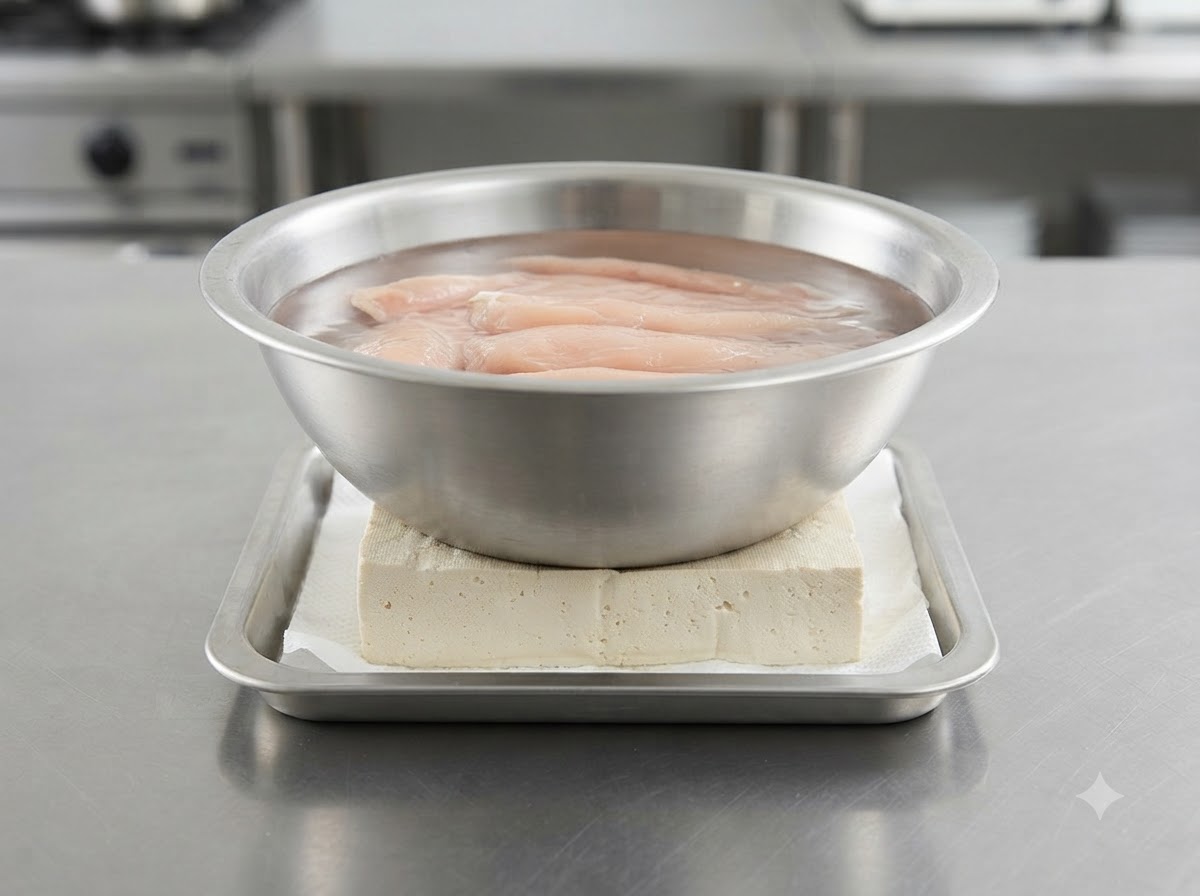 Un bol metálico con agua reposando sobre un bloque de tofu firme envuelto en papel de cocina en una bandeja.