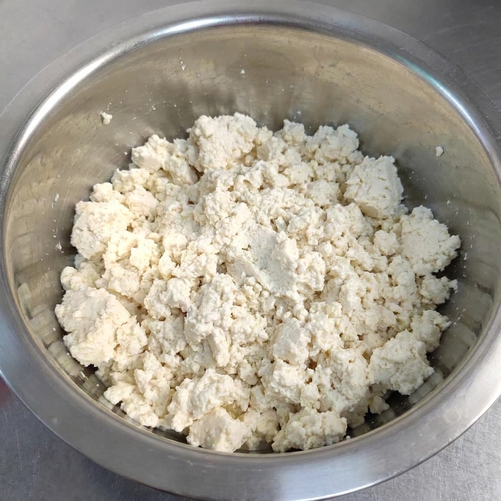 Tofu firme blanco desmenuzado llenando el fondo de un bol de mezcla de acero inoxidable.