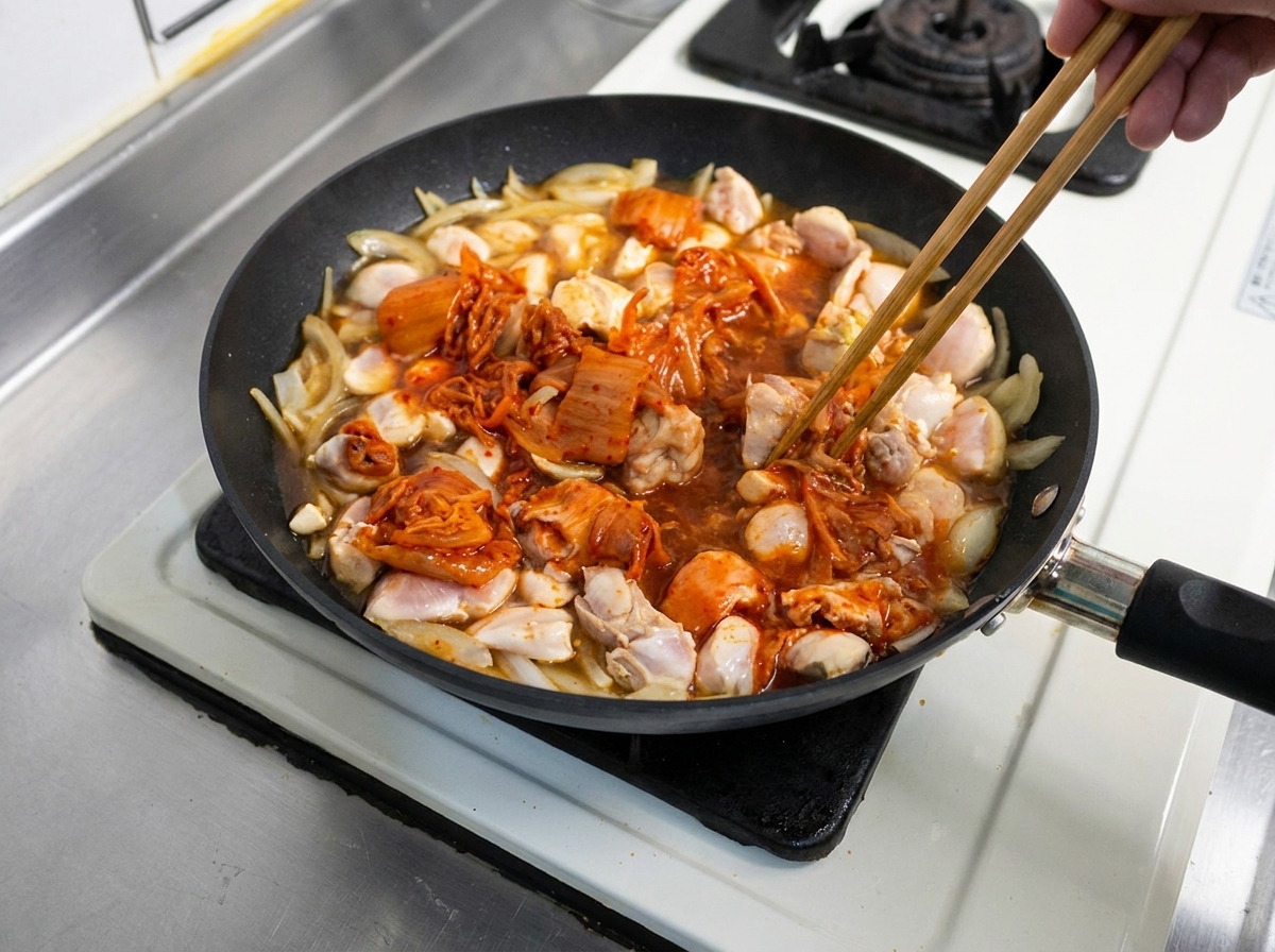 Kimchi siendo mezclado en el caldo de pollo y cebolla a fuego lento usando palillos de madera.