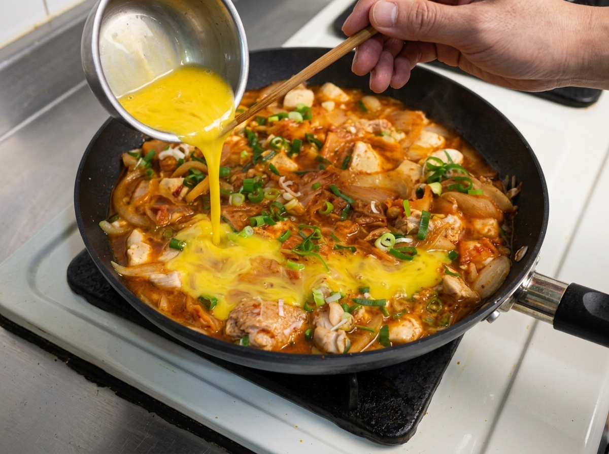 Un pequeño bol metálico vertiendo huevos amarillos batidos sobre pollo, kimchi y cebollas a fuego lento en una sartén negra.