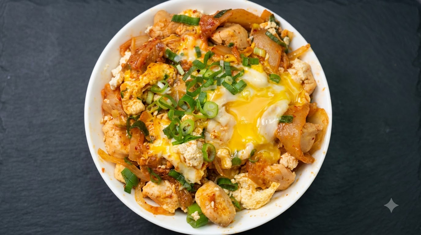 Un primer plano de Oyakodon de Pollo con Kimchi sin almidón en un bol blanco, con tofu desmenuzado esponjoso, pollo tierno, kimchi picante y huevos cocidos suavemente adornados con cebollino.