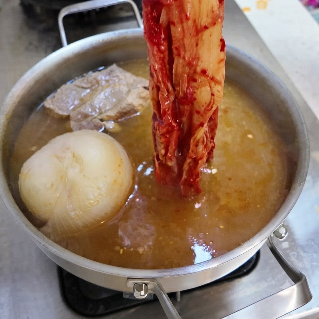 Una tira larga de kimchi picante fermentado rojo siendo colocada en una olla de caldo hirviendo.