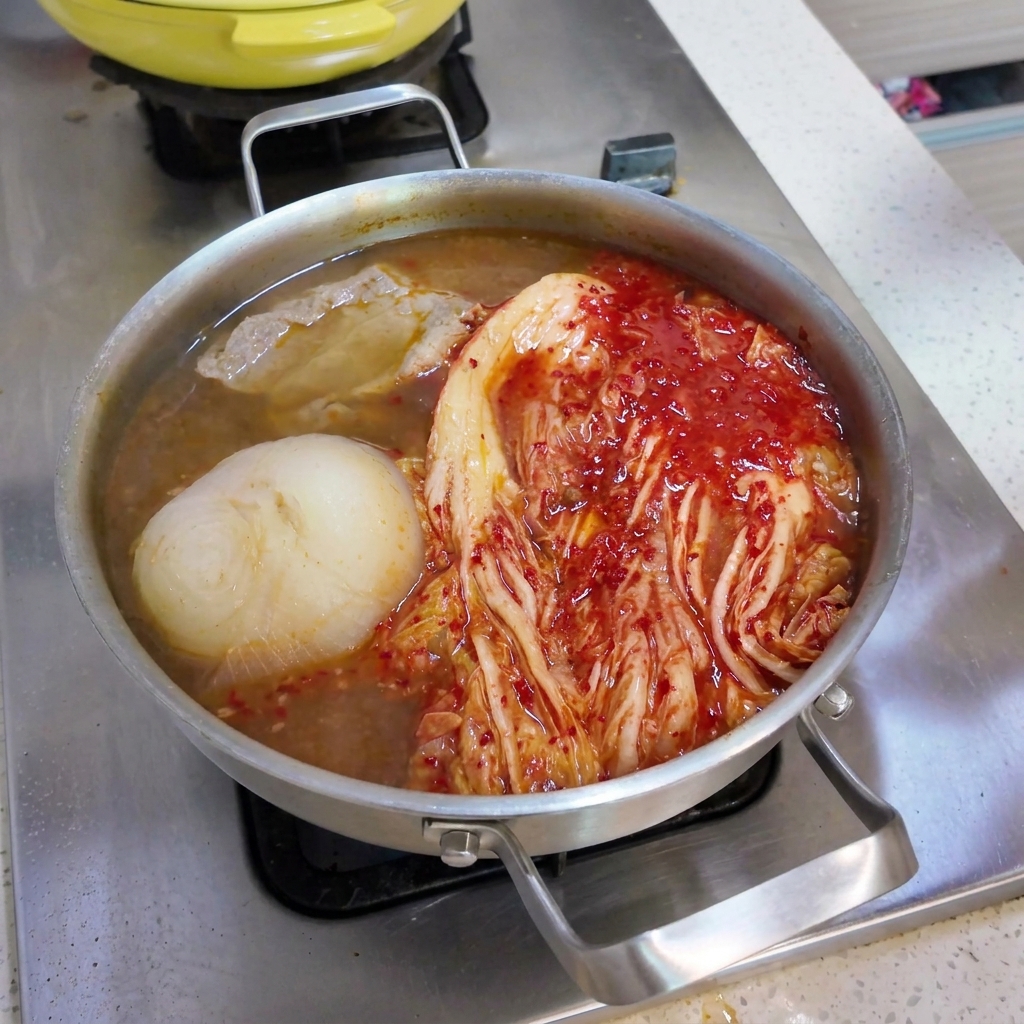 Condimentos que incluyen salsa picante, hojuelas de chile y ajo picado añadidos al caldo burbujeante del hot pot.