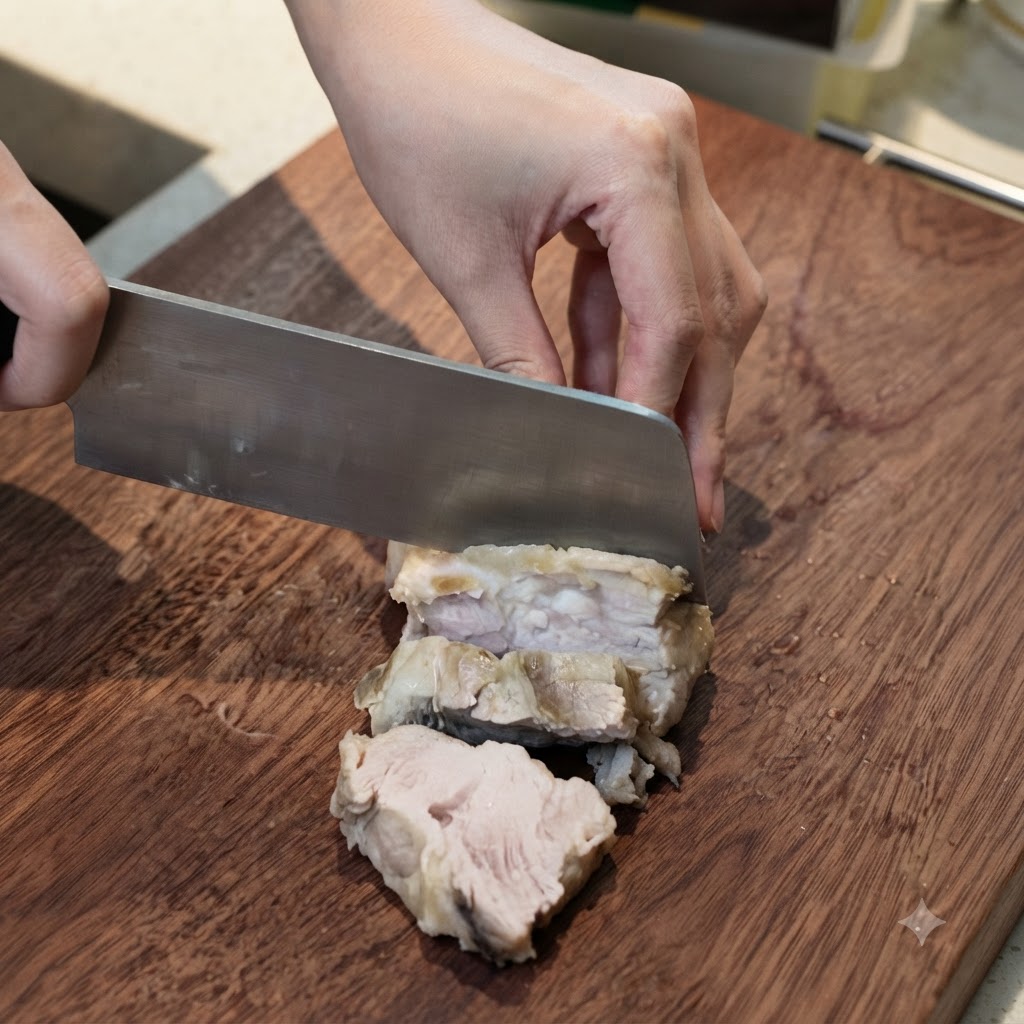 Cerdo cocido siendo cortado en rodajas limpias con un cuchillo de cocina sobre una tabla de madera.