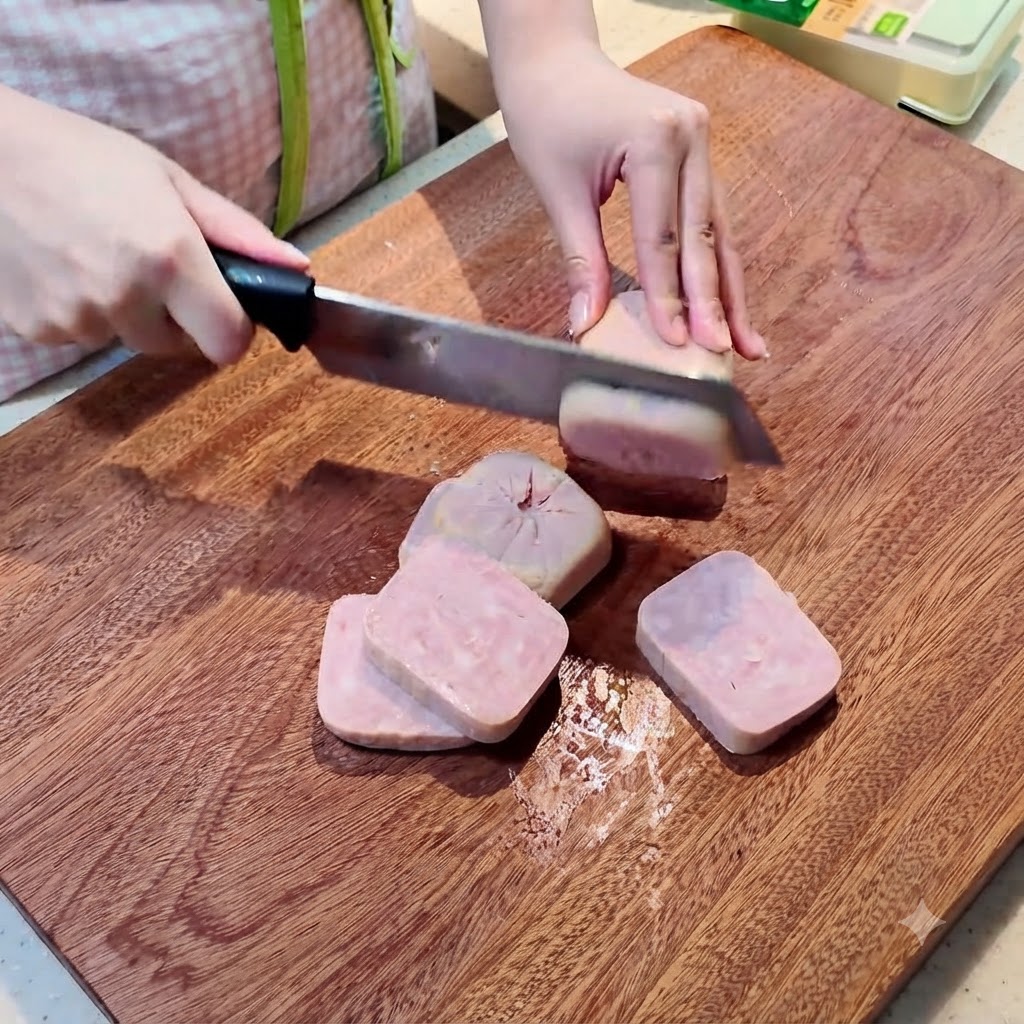 Carne enlatada y tofu blando siendo cortados en porciones sobre una tabla de cortar de madera.
