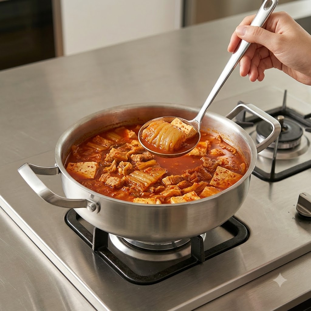 Col china picante siendo recortada y cortada en trozos del tamaño de un bocado con tijeras de cocina dentro de un hot pot de acero inoxidable.