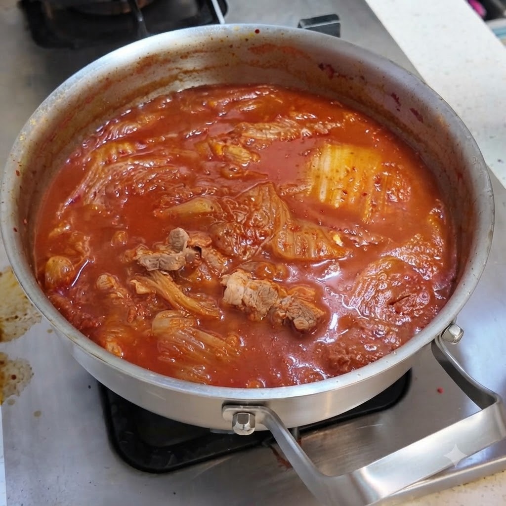 Rodajas de cerdo cocido, carne enlatada y tofu blando alineadas cuidadosamente dentro del caldo rojo de kimchi hirviendo a fuego lento.