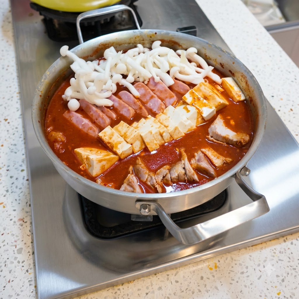 Setas blancas frescas siendo colocadas sobre los ingredientes en capas de tofu, carne y kimchi en el hot pot.