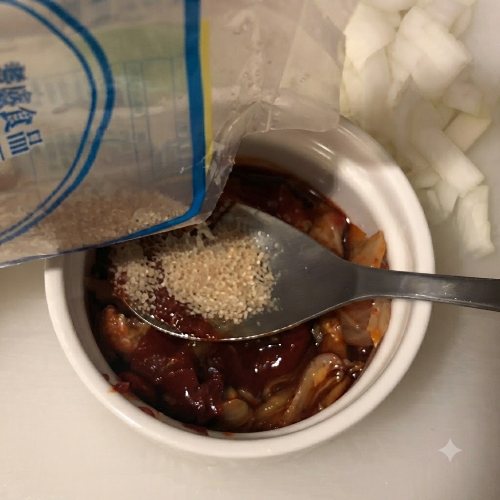 Azúcar blanco siendo vertido desde una bolsa hacia el cuenco que contiene los ingredientes de la salsa.