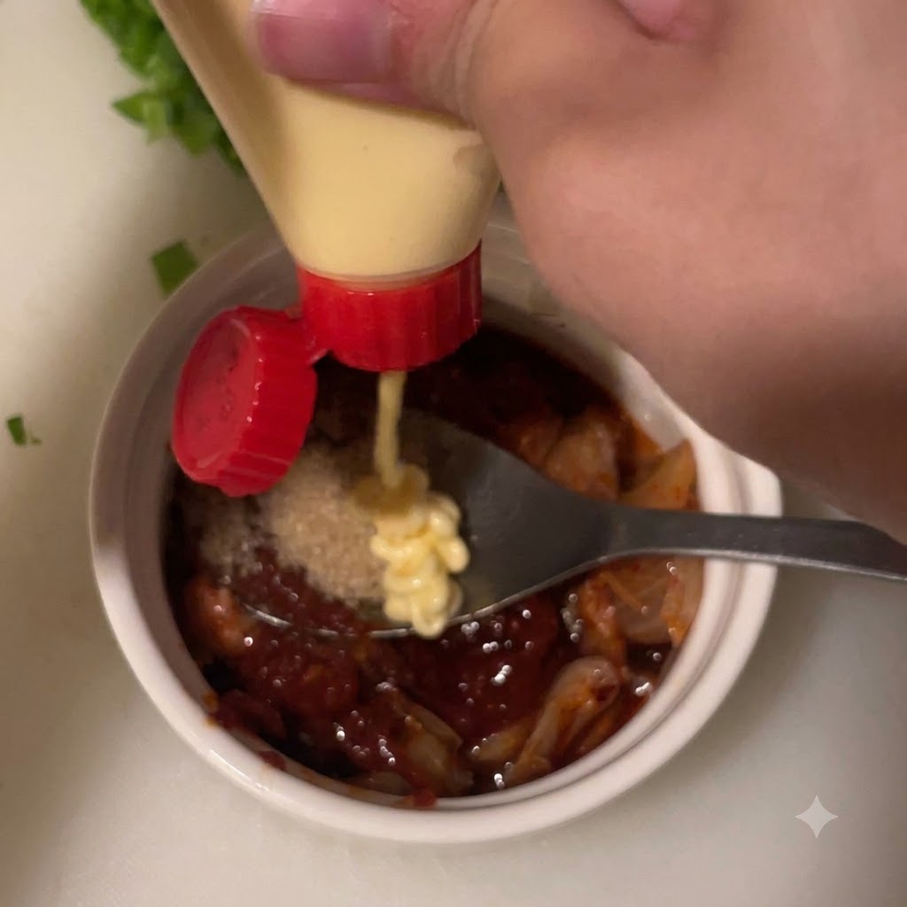 Mayonesa siendo exprimida desde un frasco sobre la mezcla de salsa en un cuenco blanco pequeño.