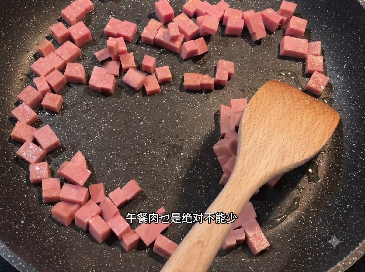 Una espátula de madera removiendo cubitos rosados de Spam repartidos por una sartén oscura con aceite.