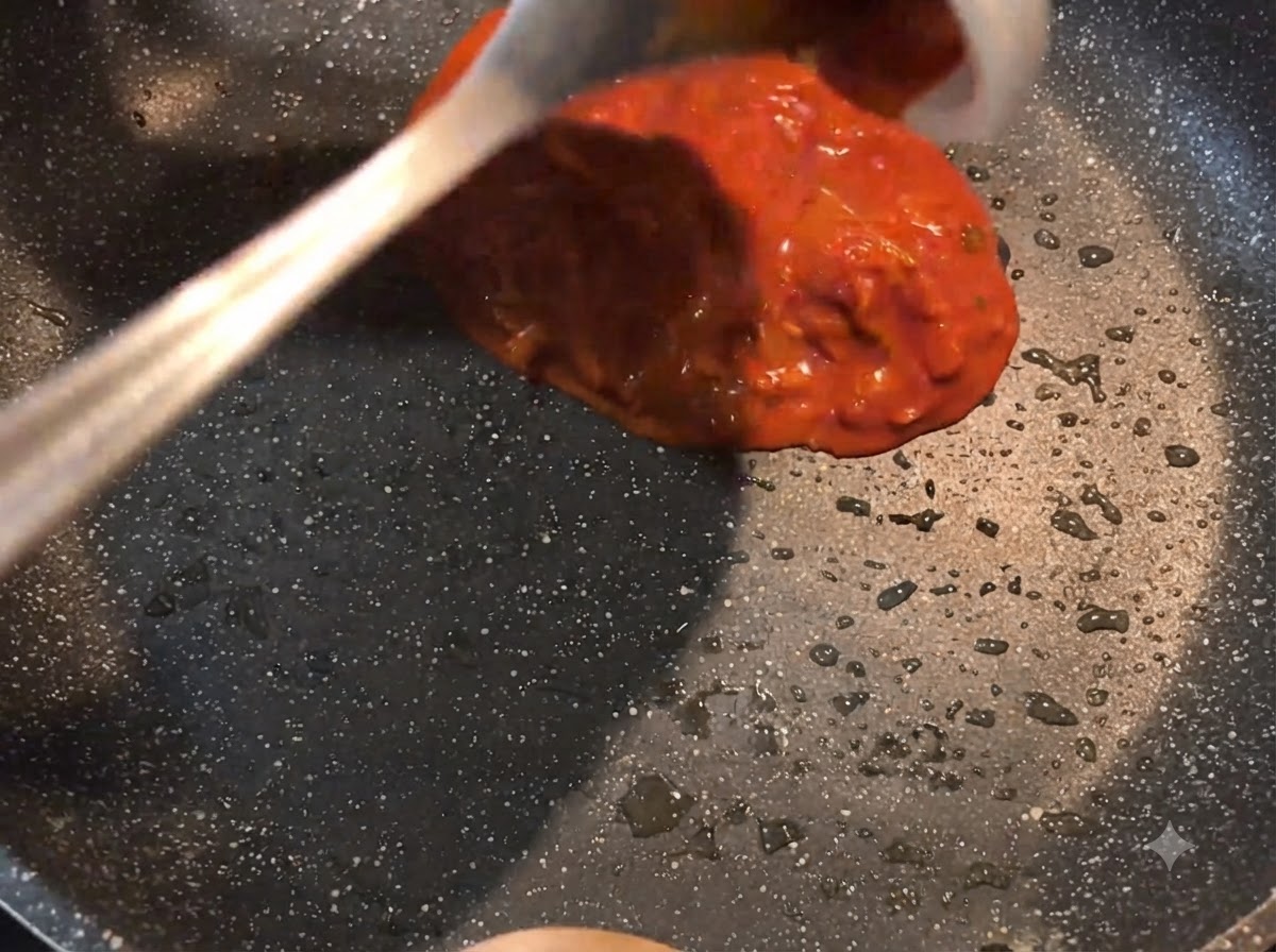 Un cucharón vertiendo una mezcla de salsa roja espesa en una sartén caliente con aceite.