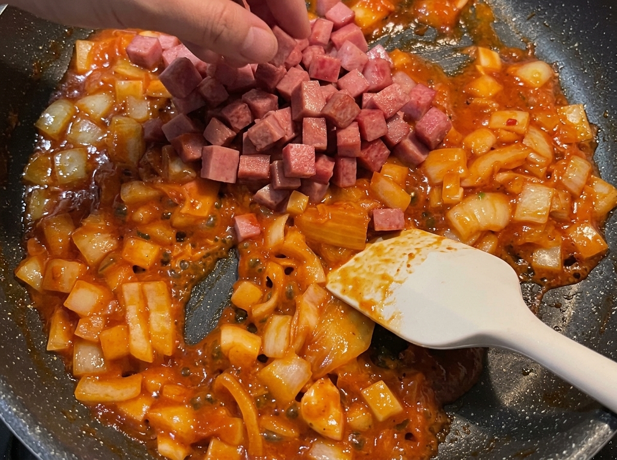 Una mano añadiendo dados de Spam de vuelta a una sartén llena de cebollas salteadas y salsa roja, con una espátula al lado.