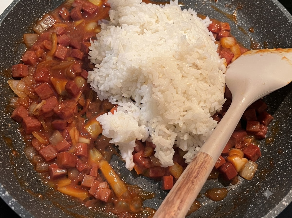 Arroz blanco cocido volcado sobre la mezcla cocinada de Spam y salsa roja en una sartén.