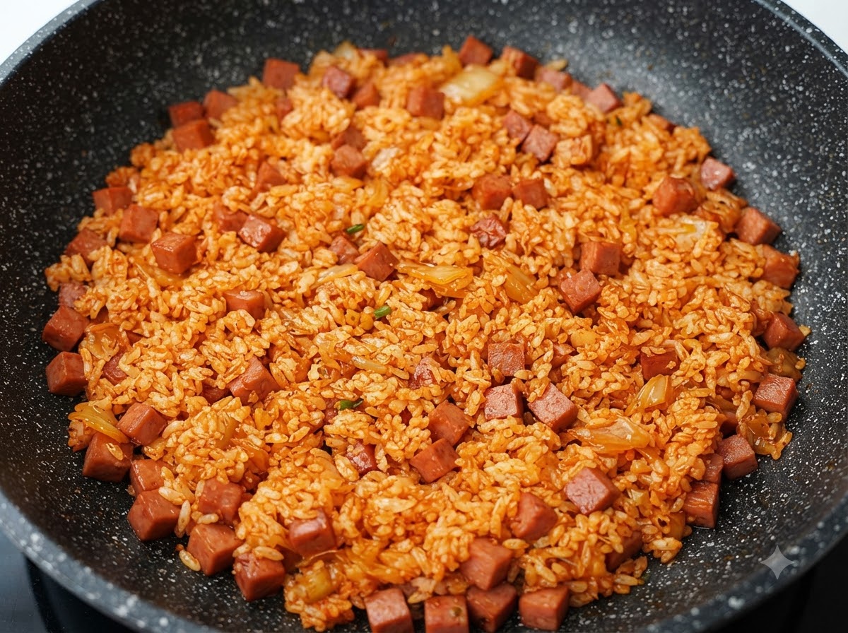 Una sartén llena de arroz frito con kimchi completamente mezclado con la salsa y dados de Spam, mostrando un color rojo anaranjado uniforme.