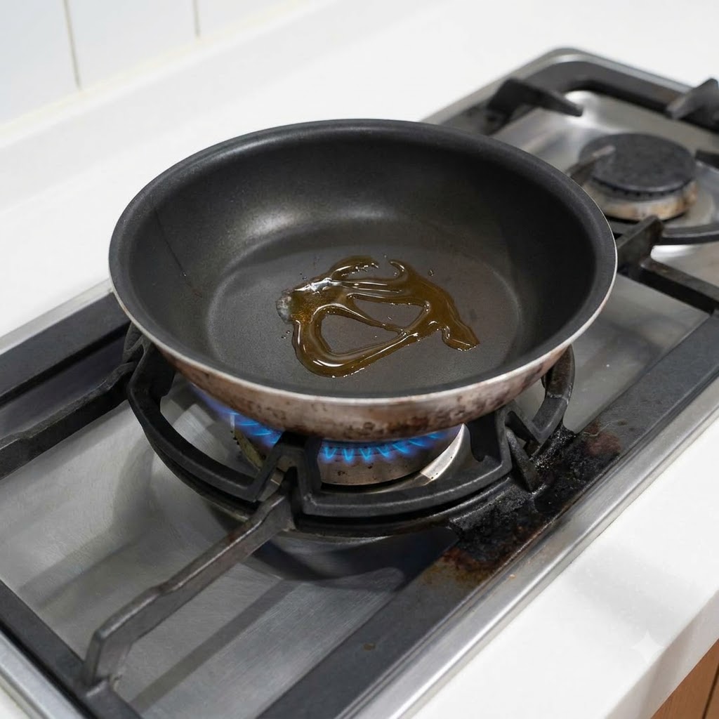 Rodajas de ajo chisporroteando en una sartén con aceite de sésamo.