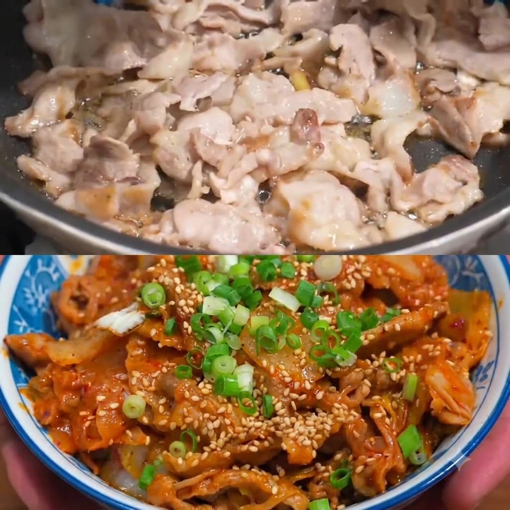 Rodajas de cebolla mezcladas en la sartén con el cerdo cocinándose.