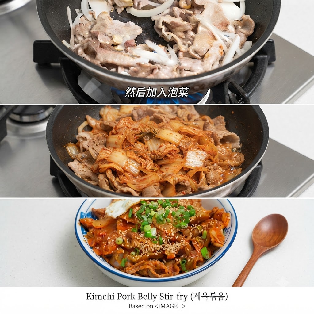 Trozos de kimchi y jugo rojo vertidos sobre el cerdo y las cebollas en la sartén.