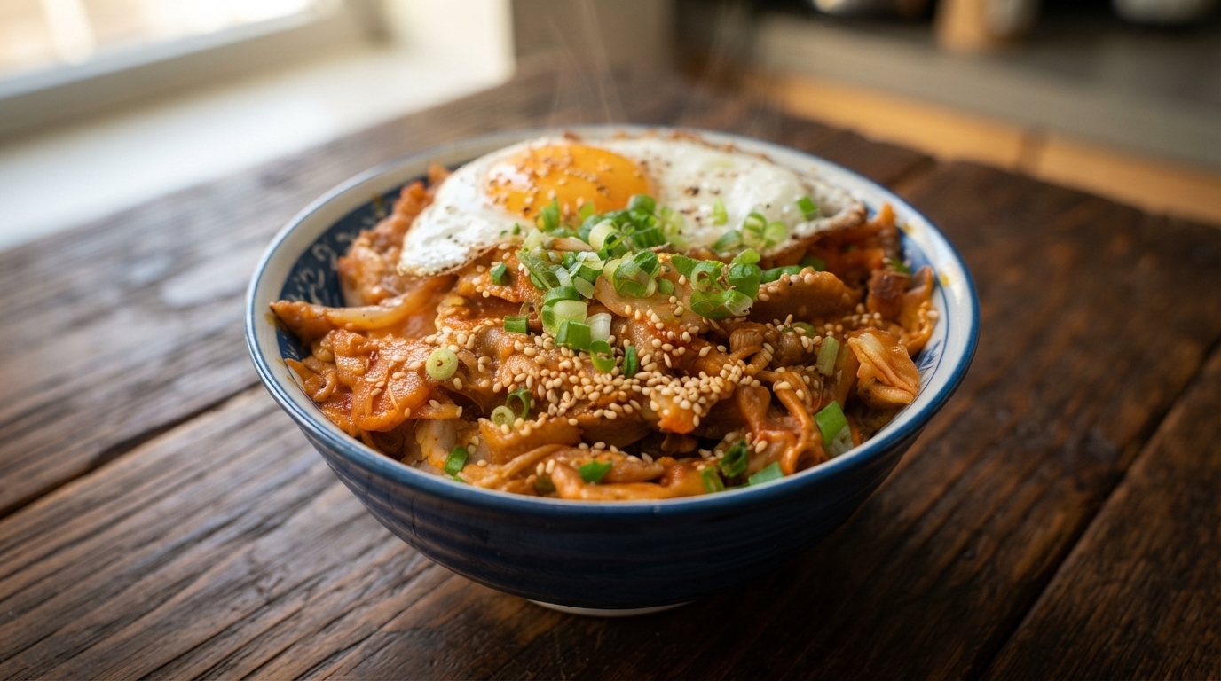 Un sabroso tazón de arroz con cerdo y kimchi cubierto con un huevo frito, cebollas verdes picadas y semillas de sésamo tostadas en un bol azul con patrones.