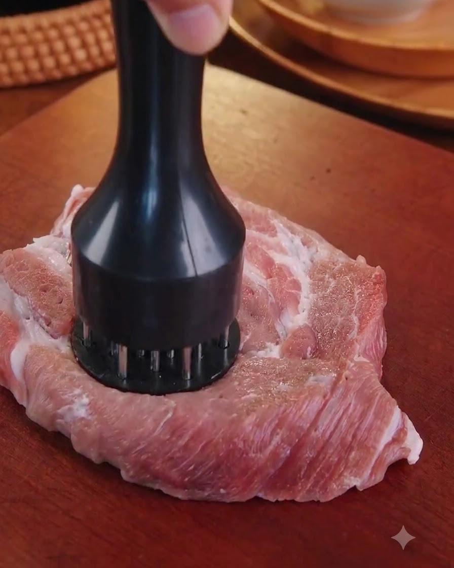Una pieza cruda de aguja de cerdo siendo golpeada con un ablandador de carne negro sobre una tabla de madera.