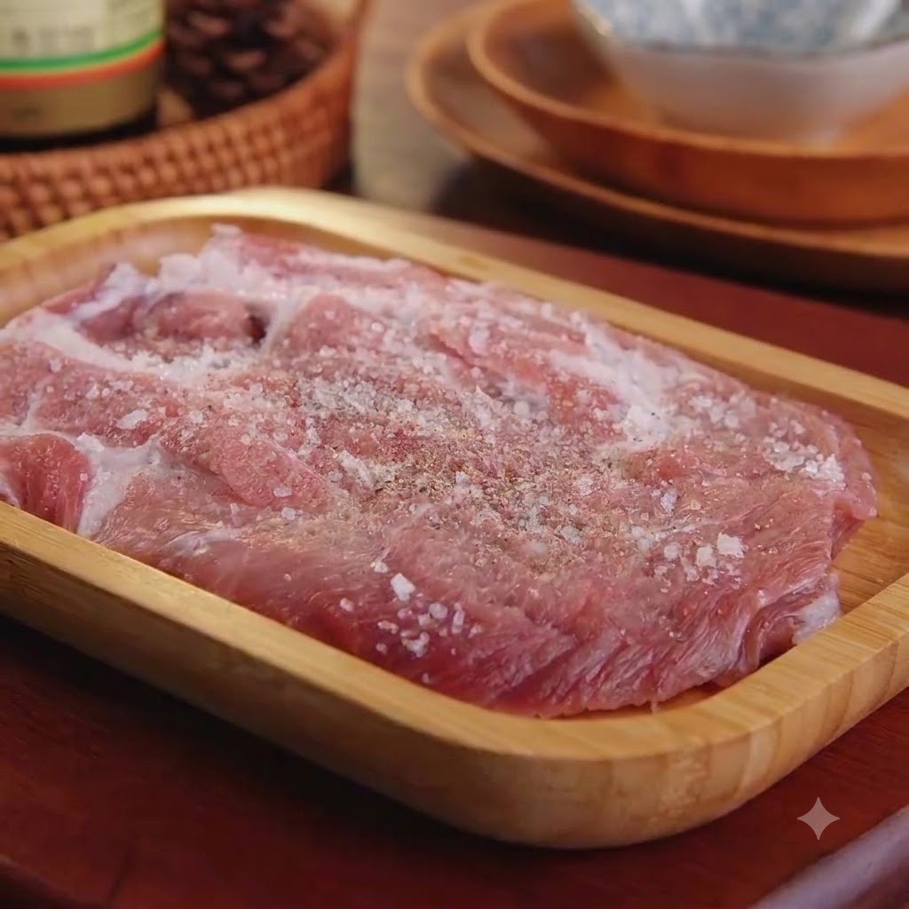 Una chuleta de cerdo cruda sazonada con sal gruesa y pimienta reposando en una bandeja de madera.