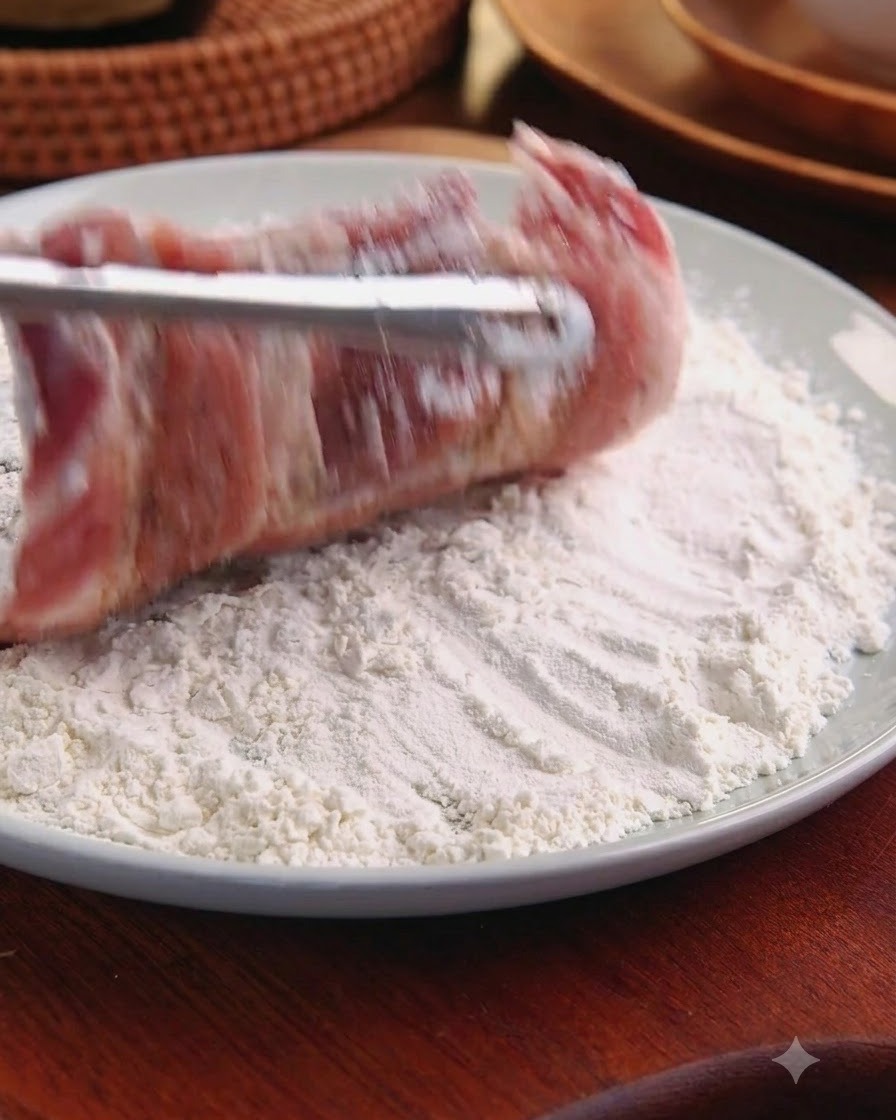 Una chuleta de cerdo cruda cubierta de harina blanca siendo levantada de un plato lleno de harina con pinzas.