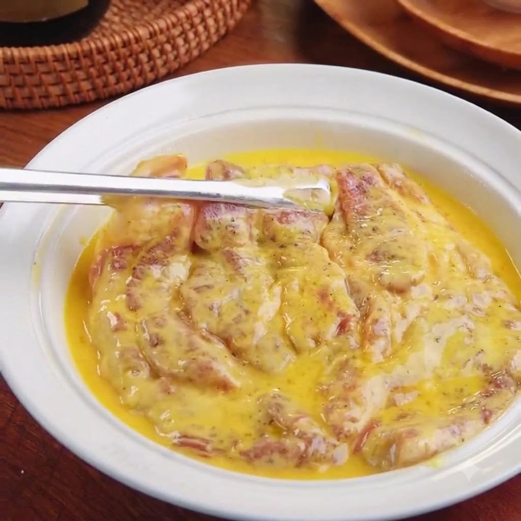 La chuleta enharinada siendo sumergida en un plato poco profundo con huevo batido amarillo.