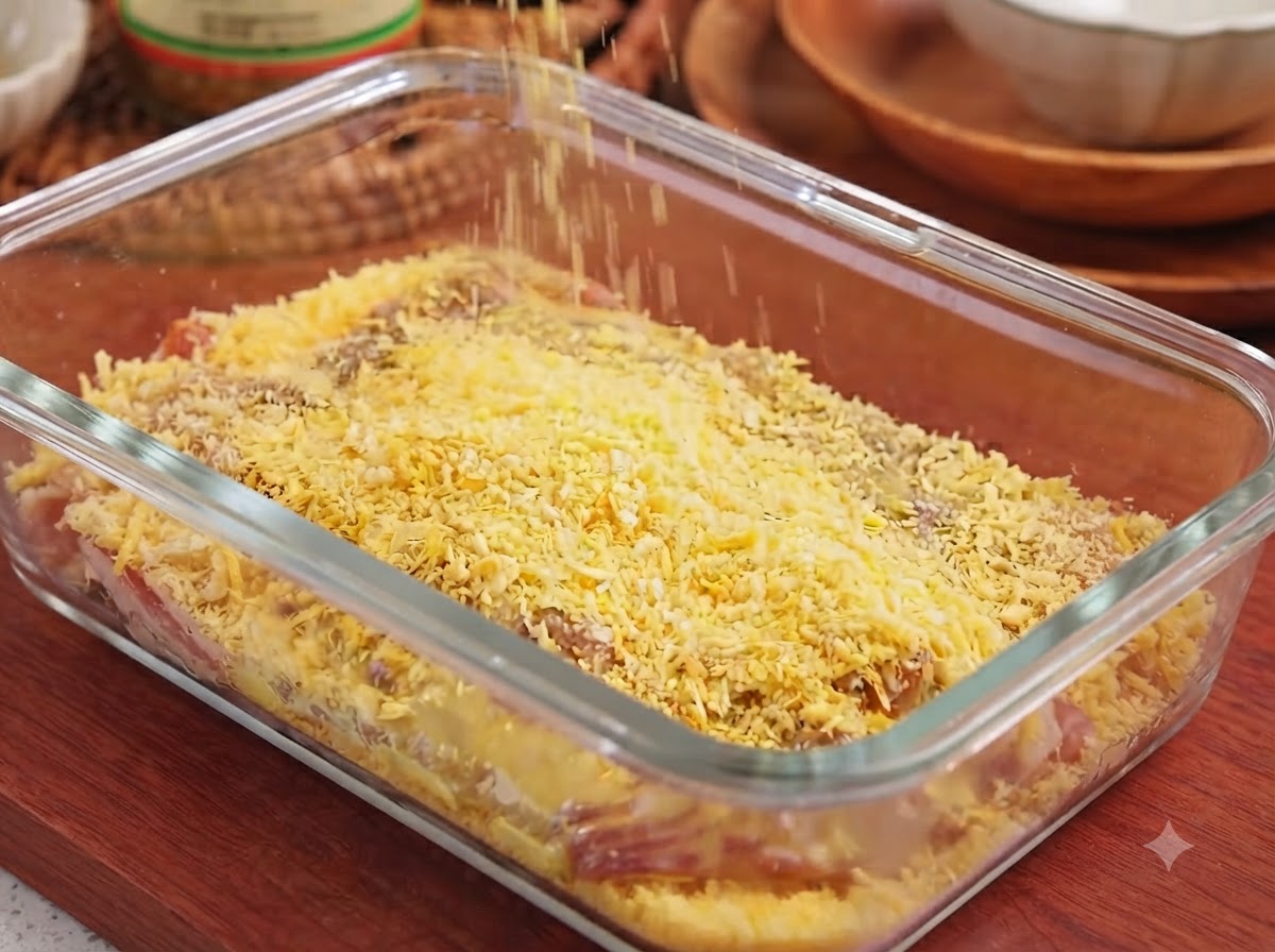 Pan rallado panko siendo espolvoreado sobre la chuleta de cerdo en un recipiente rectangular de vidrio.