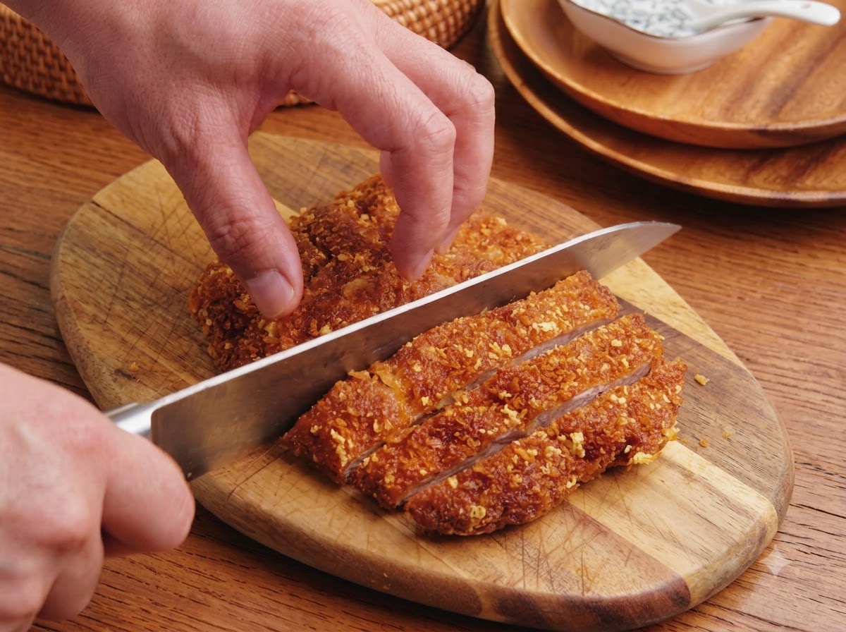 Un chef cortando una chuleta de cerdo frita dorada en tiras gruesas sobre una tabla de cortar de madera.